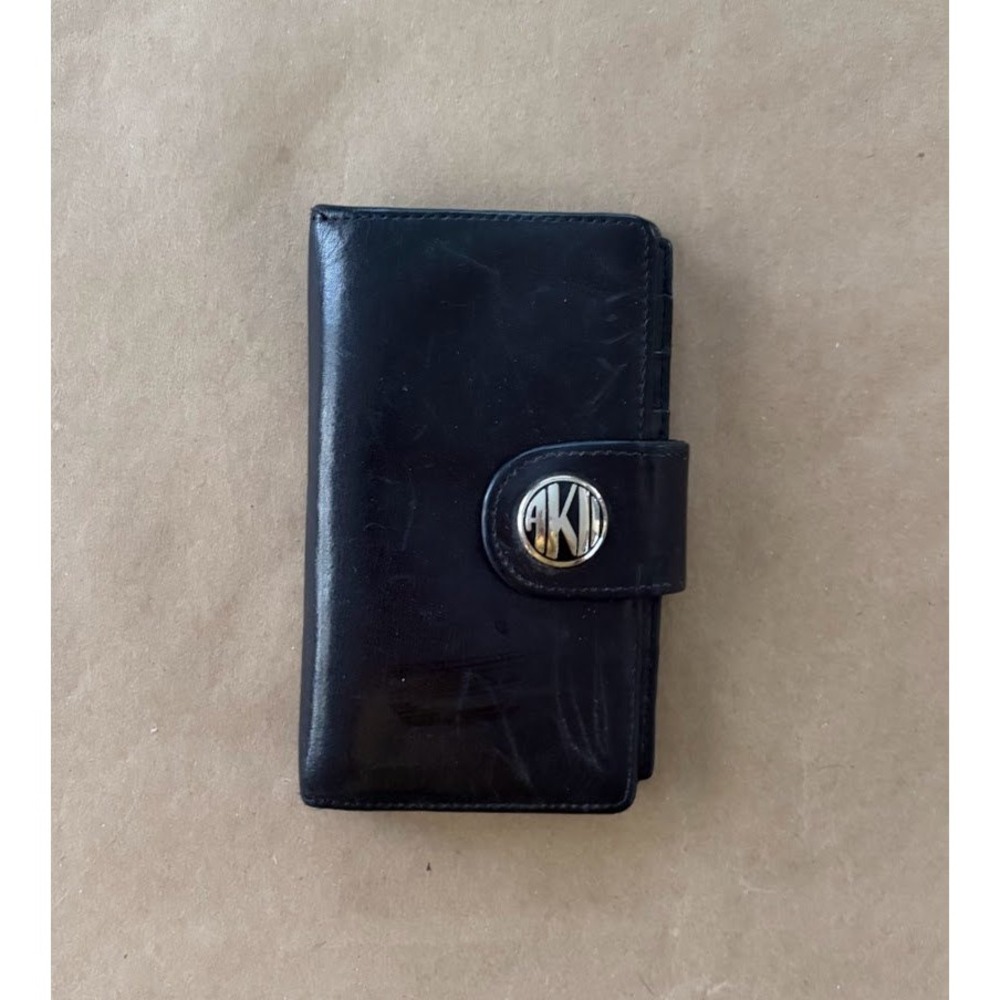 Vintage Anne Klein Navy Genuine Leather Bifold Wallet Silver Logo Snap Closure
